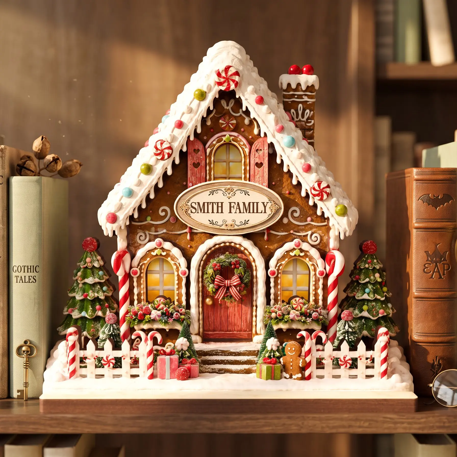 Personalized 2D Wooden Gingerbread House with LED Light, Custom Family Name Christmas Village Decor, Gingerbread Cottage Tabletop Shelf Decor, Holiday Home Decoration, Rustic Christmas Mantel Display, Unique Christmas Gift for Family