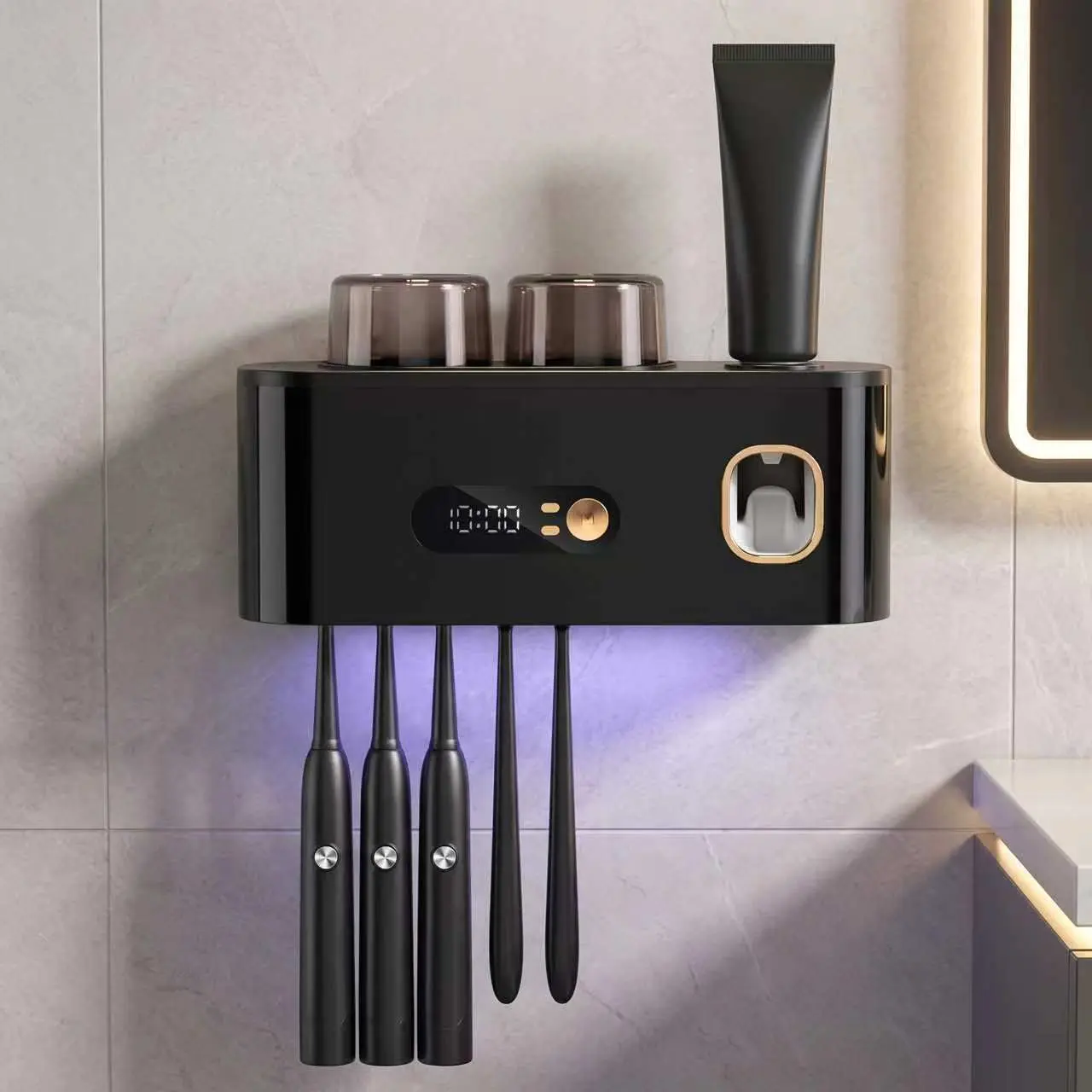 Wall Mount UV Toothbrush Sanitizer Holder with LED Digital Clock Display, Automatic Toothpaste Dispenser & 2 Magnetic Rinse Cups, No Drill UVC Toothbrush Cleaner for Electric & Manual Toothbrushes Bathroom Organizer