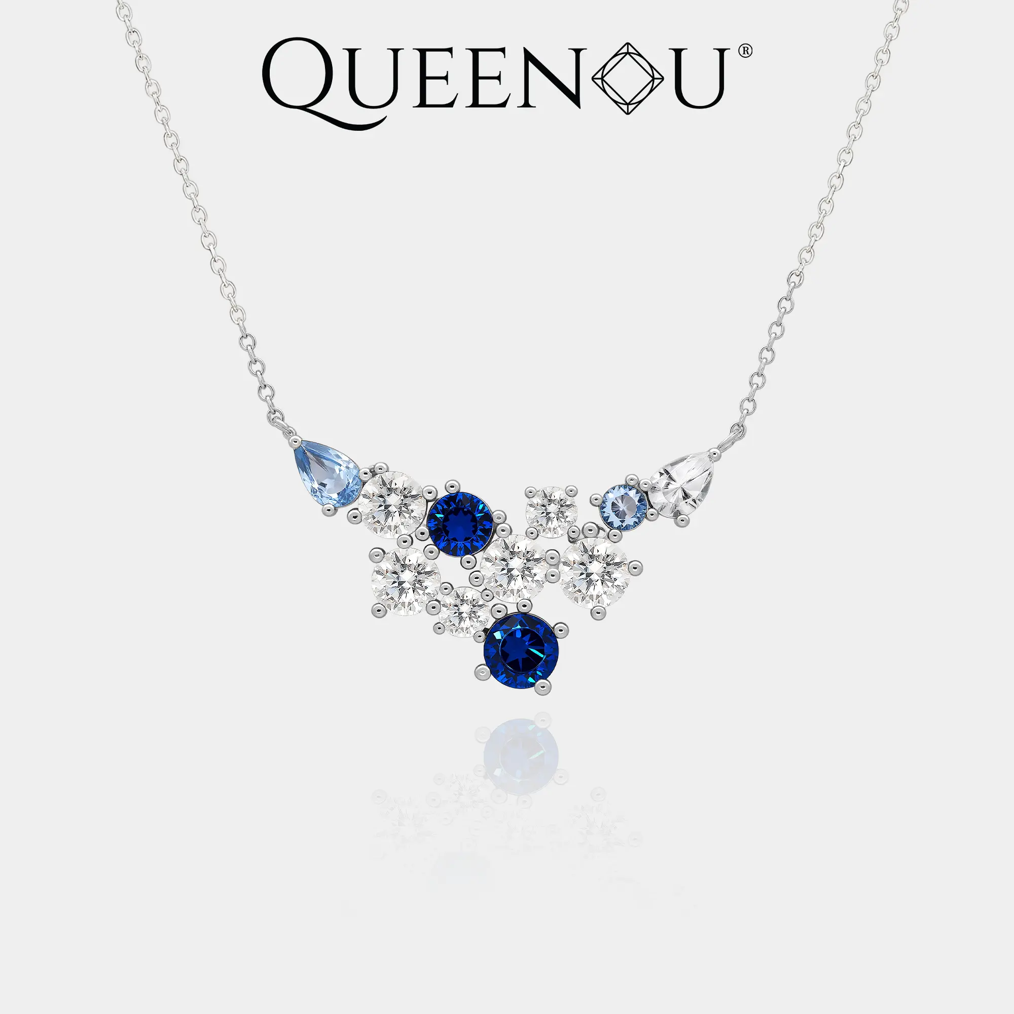 【1016】Ocean Shard Trio Set | Navy, Sky & White Cubic Zirconia in Abstract Triangle Cluster | Earrings with Cascading Teardrop + Matching Necklace | Sold as Set or Separately