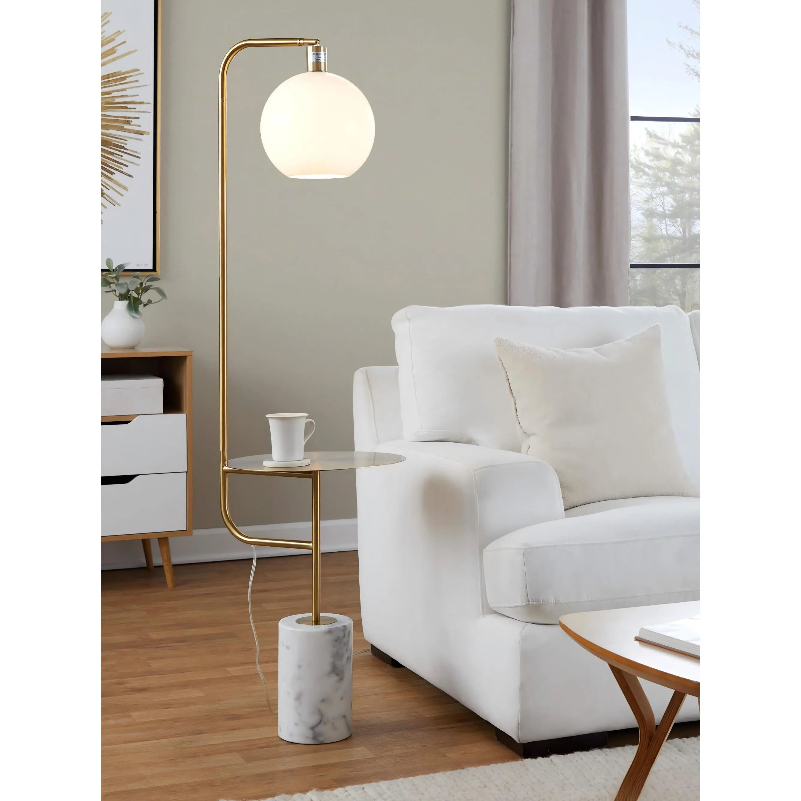 Floor Lamp with Built-In Side Table, Gold Metal and White Marble Base, Contemporary Style