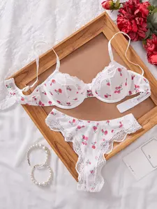 Women's Lace Floral Push-Up Bra Set, Sexy Slim-Fitting Lingerie Underwear, Medium Support, Unlined, Christmas Valentine Gift, All Seasons, Underwear Sets