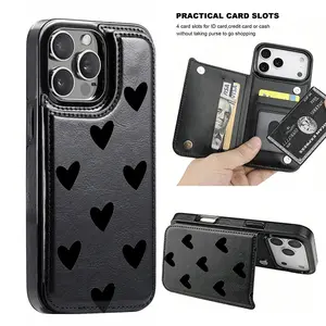 Simple and stylish black heart-patterned anti-drop leather card holder phone case,for iPhone 17 Pro Max Phone Case 17 Air 16 15 Plus 14 13 12 , Samsung Galaxy S25 ULTRA FE Plus S22 S23 FE S24 Plus