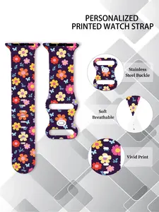 Vintage Floral Silicone Watch Band, Comfortable Soft Durable, Full Print Five-Petal Flowers, Classic, Fits Iwatch 1-7 Se