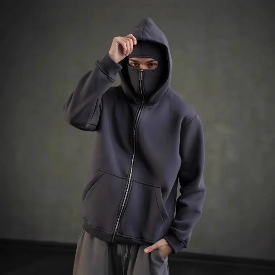 Men's Athletic Balaclava Hoodie With Built-In Zip - Autumn Winter Sweatshirt for Outdoor Activities