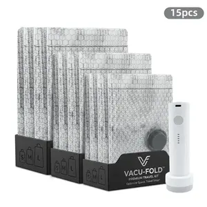 Cordless Travel Vacuum Storage Compression Bag Set, 15-Pack in 3 Sizes, Powerful 140L/Min Air Removal, USB Rechargeable Portable Pump with Built-In Battery, Waterproof & Reusable Space Saver for Clothes, Luggage & Home Organization