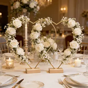 Golden Heart-Shaped Wreath Stand with Wooden Base - Metal Ring Table Centerpiece, Wedding Centerpieces for Weddings, Bridal Showers, Anniversaries - Floral Display Stand for DIY Crafts, Home Decor, Table Decoration and Wedding Supplies (30cm/11.81in)