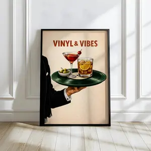 Vintage Vinyl & Cocktails Wall Art,Retro Bar Wall Art,Vinyl Vibes Poster: Cocktail Tray on Record, Martini Old Fashioned Perfect Wall Art for Bar, Lounge & Man Cave