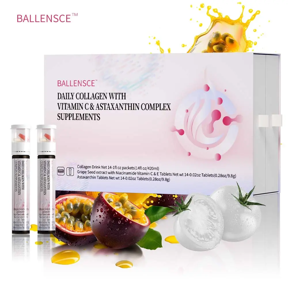 Ballensce Daily Collagen with Vitamin C & AstaxanthinComplex Supplements - Double Layer Design - 4500mgMarine Collagen, GABA, Vitamin C & E, Niacinamide,Astaxanthin 140mg - Portable Set for Skin Glow, Firmness,Anti-Aging & Antioxidant Support