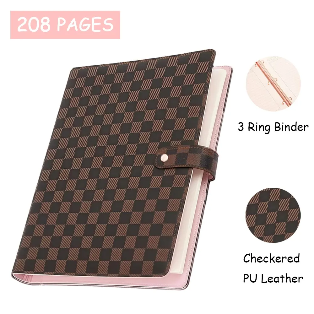 208-Page 3-Ring Binder Notebook, Checkered PU Leather Cover with Refillable Pages - Durable Writing Journal for Note-Taking, Document Storage & Daily Planning, Practical Organizer, Study Notebook, Journals for Writing