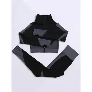 Two-Piece Set Women's Tracksuit Set, Sporty Breathable Quick Drying Seamless Workout Set, Long Sleeve Zip Up Crop Jacket & High Waist Leggings, Ladies Sportswear for Indoor Outdoor Wear