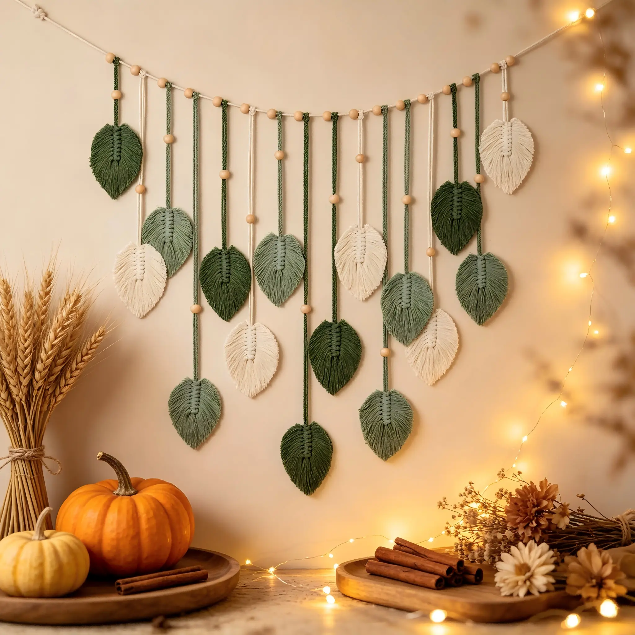 Large Handmade Macrame Leaf Tapestry with Leaf Feathers - Boho Woven House Decor, Handmade Craft, Boho Garden Decoration for Bedroom, Living Room - 29x51 in