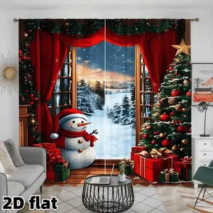 Christmas Theme Curtain Set, Cute Design Polyester Material, Half-Transparent Privacy Protection, Drapes for Bedroom & Living Room Decor, Home Decoration Curtain
