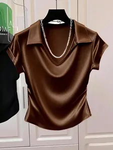 Light Mature Style Coffee Color Satin Short Sleeve Blouse, Drop Shoulder V Neck Waist Cinch Slimming Commuter Top Elegance Shirts Nk-0004-Yz040