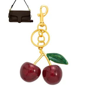 Buy One Get One Free — Glitter Red Cherry Keychain, Cute Green Leaf Fruit Bag Charm, Gold Metal Key Ring, Fashion Women’s Handbag Pendant, Car Keys Holder, Aesthetic Daily Accessory, Gift