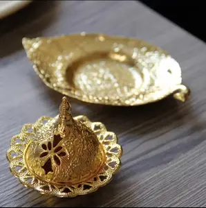 Hand Held Golden Leaf Incense Burner, Coal Burner, and Cone Burner Holder Middle East Arabic