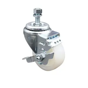 Service Caster SCC-TS20S314-NYS-TLB-121315 Oil Resistant Nylon Swivel Threaded Stem Caster, Threaded Castors with 3" Diameter, 1-1/4" Wide White Wheel, 0.5" Stem, and Top Locking Brake