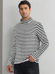 INSPIRE CHIC Striped Turtleneck T-Shirt for Men's Contrast Color Long Sleeves Pullover Stripes T Shirt