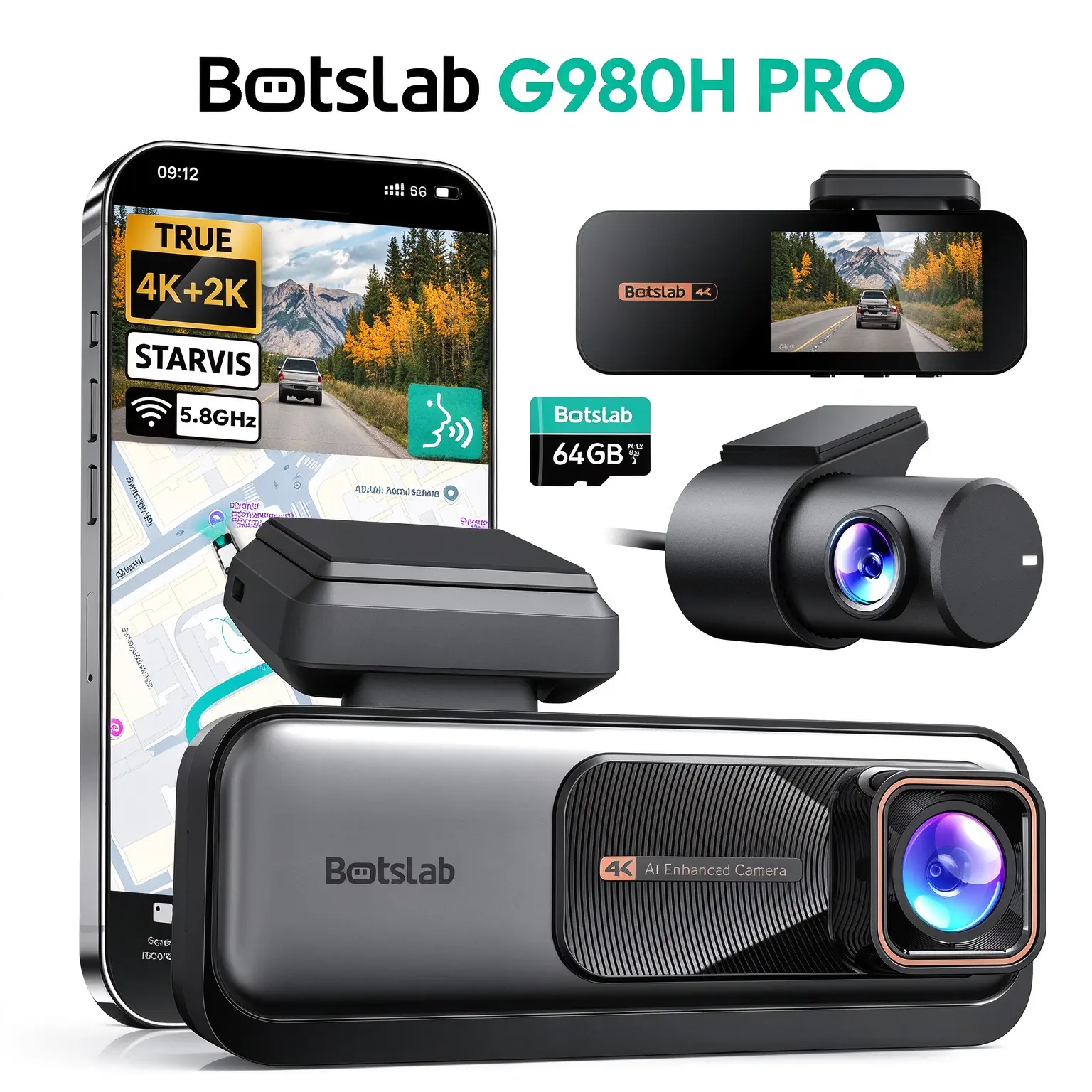 Botslab 4K Front and Rear Dash Cam, 170° Ultra Wide Angle Car Driving Recorder with ADAS, IMX415 Sensor, WDR, 5G/2.4G WiFi, Built-in GPS, Loop Recording, 24/7 Parking Mode, 0.79x3.54x1.97 inches, Auto Gadgets, Free 64GB SD Card, Driving Surveillance