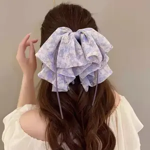 Handmade Floral Bow Hair Claw Large Fabric Bow Clip for Ponytail & Half-Up Styles Elegant Black Purple Multicolor