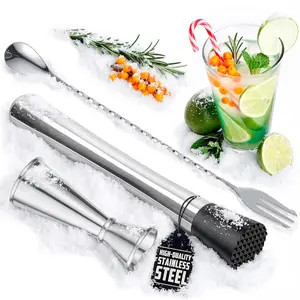 3Pcs Muddler for Cocktails Set - Bar Muddler Tool with Sturdy Head, Versatile Cocktail Spoon & Jigger, Easy to Use & Clean, Stylish Rust-Resistant Stirring Tool - Bar Tools for Drinks Mixing