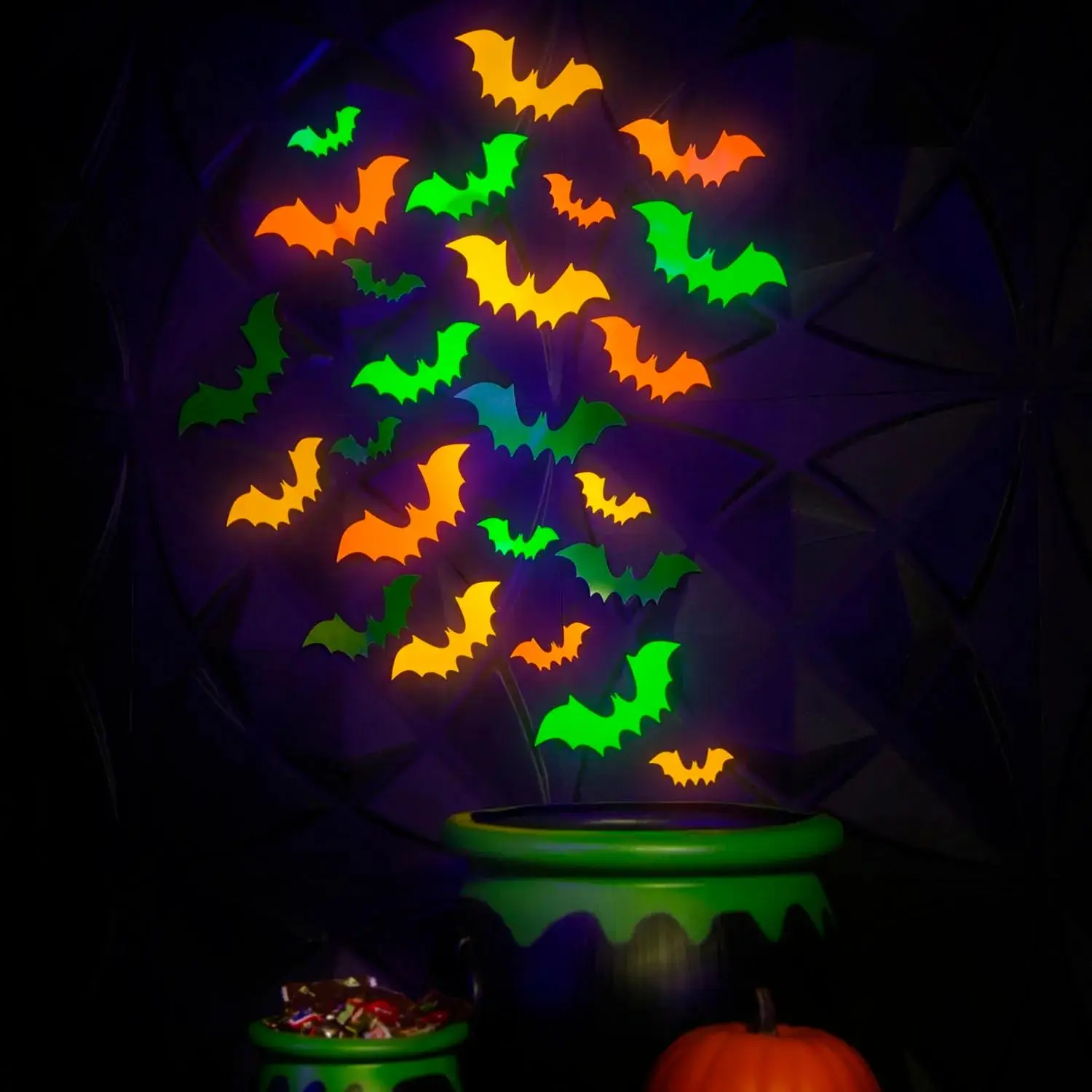 Glow-in-the-Dark 3D Halloween Bat Cardboard Wall Cutouts, 3 3/4" – 7 3/4", Bulk 60 Pcs