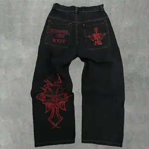 Men's street hip-hop fashion with skull embroidery on the back of straight-leg jeans Streetwear