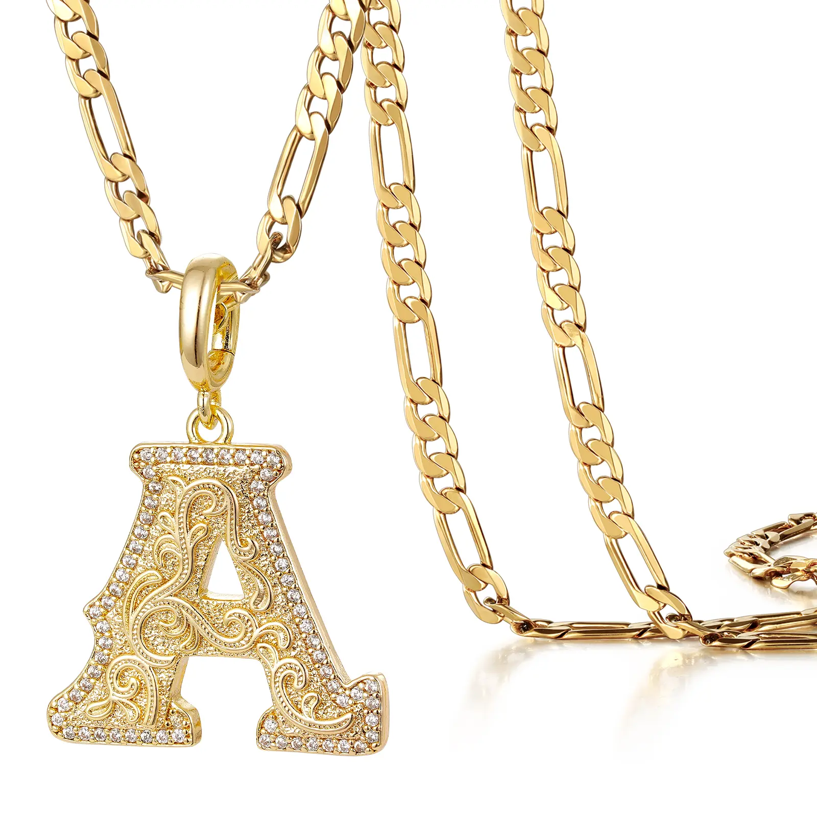 KissYan Gold Initial Letter A Pendant Necklace for Women, Vintage Figaro Chain CZ Diamond Alphabet Necklace 18K Gold Plated Personalized Jewelry Gift