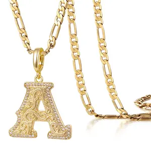 KissYan Gold Initial Letter A Pendant Necklace for Women, Vintage Figaro Chain CZ Diamond Alphabet Necklace 18K Gold Plated Personalized Jewelry Gift