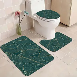 3pc Gold-Monstera Dark-Green Faux-Cashmere 100% Polyester CARPET COMBO: lid sleeve+foot U-pad+anti-slip square rug, toilet light absorb light slip-safe, fold-hook dry-fast, washroom/toilet flex lay, gentle-wash fade-free gift-ready