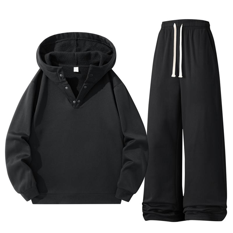 Unisex Fleece-Lined Hoodie & Sweatpants Set Thick Warm Tracksuit in Navy Gray and Black Colors