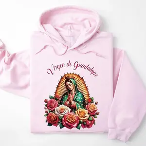 Guadalupe Virgin Mary Hoodie, Virgen de Guadalupe Graphic Pullover with Roses, Catholic Religious Sweatshirt, Spiritual Streetwear Top, Unisex Gift for Men and Women