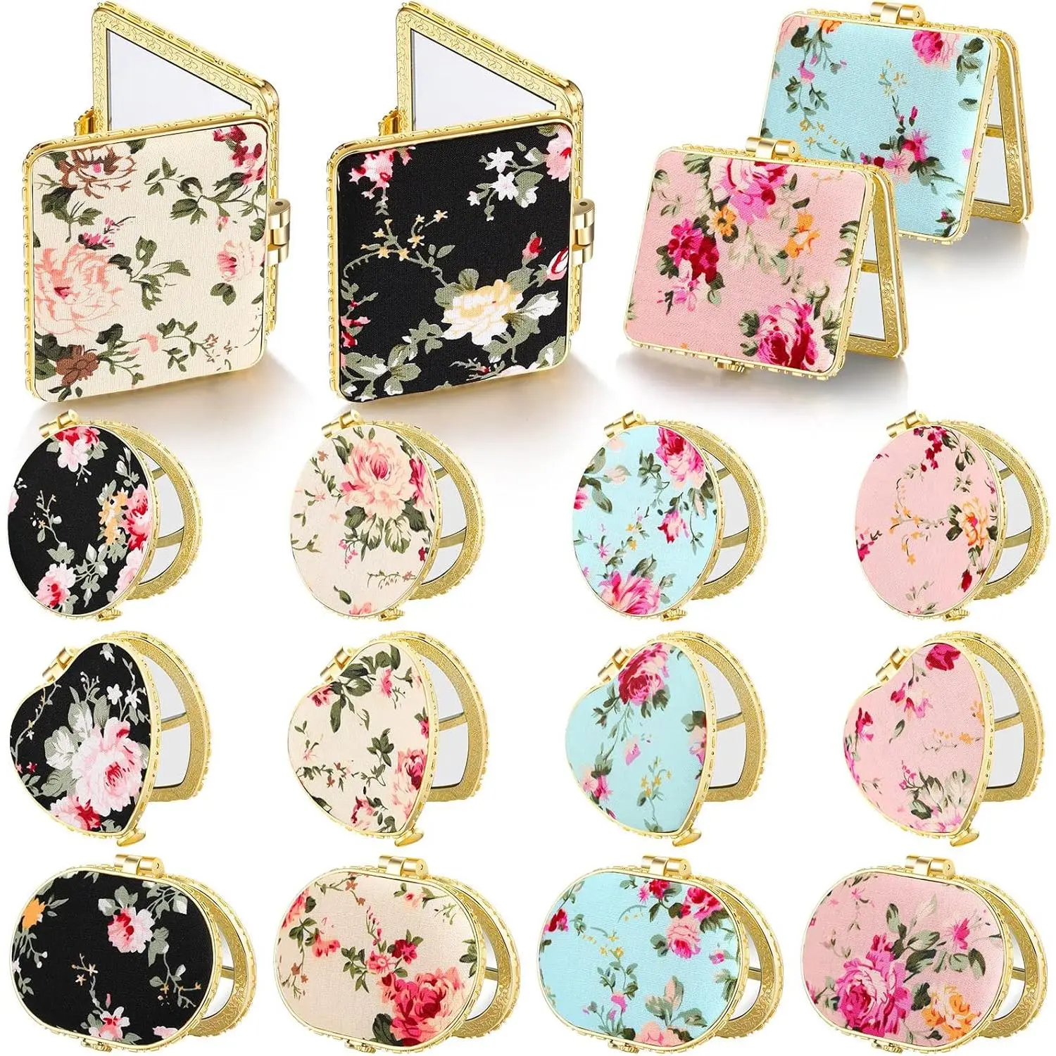 Women’s 16-Piece Multi-Pack Gold Edge Vintage Floral Compact Mirrors, Small Portable Folding Pocket Purse Mirrors, Party Favors for Tea Parties, Christmas Gifts, Bundle Party Gifts