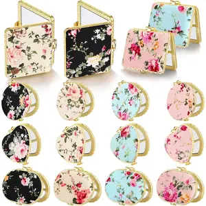 16 Pcs Compact Mirrors for Purse Bulk Small Flower Pocket Mirror Vintage Portable Floral Folding Tea Party Favors Return Christmas Gifts for Women Birthday Wedding Makeup Travel(Gold Edge)