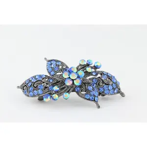 Antique silver hair barrette with complimenting color small rhinestones - Lavender