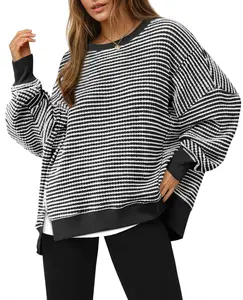 Beotyshow Women's Fall Oversized Sweatshirt Casual Waffle Knit Long Sleeve Crewneck Split Pullover Tunic Tops