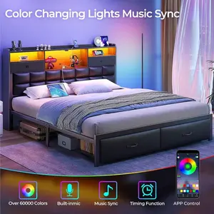 Bed  King Size  Drawers  Charging Station, Upholstered Platform Bed  Storage Headboard  LED Light, Heavy Duty Metal  Support, No Box Spring Needed, Noise Free, Bedroom Deroc with Frame and Twin Gingham Daybed Trundle Full Double Floor Door