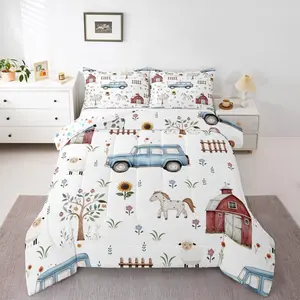 Farm Animal Comforter Set,Cartoon Tractor Comforter,Rustic Barn Door Bedding Set,Farmhouse Horse Sheep Cow Cartoon Animals Quilt