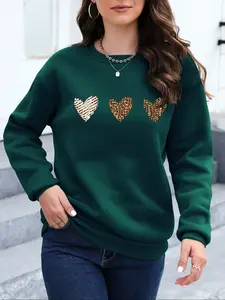 Women's Leopard Heart Print Sweatshirt, Casual Fall & Winter Long Sleeve Pullover, Fitted Round Neck Top, Fashionable Daily Wear, Womenswear, Clothes