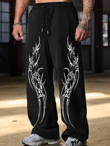 Men's Gothic Tribal Print Wide Leg Sweatpants, Dark Street Style, Loose Abstract Tribal Pattern Pants, Millennial Casual Bottoms
