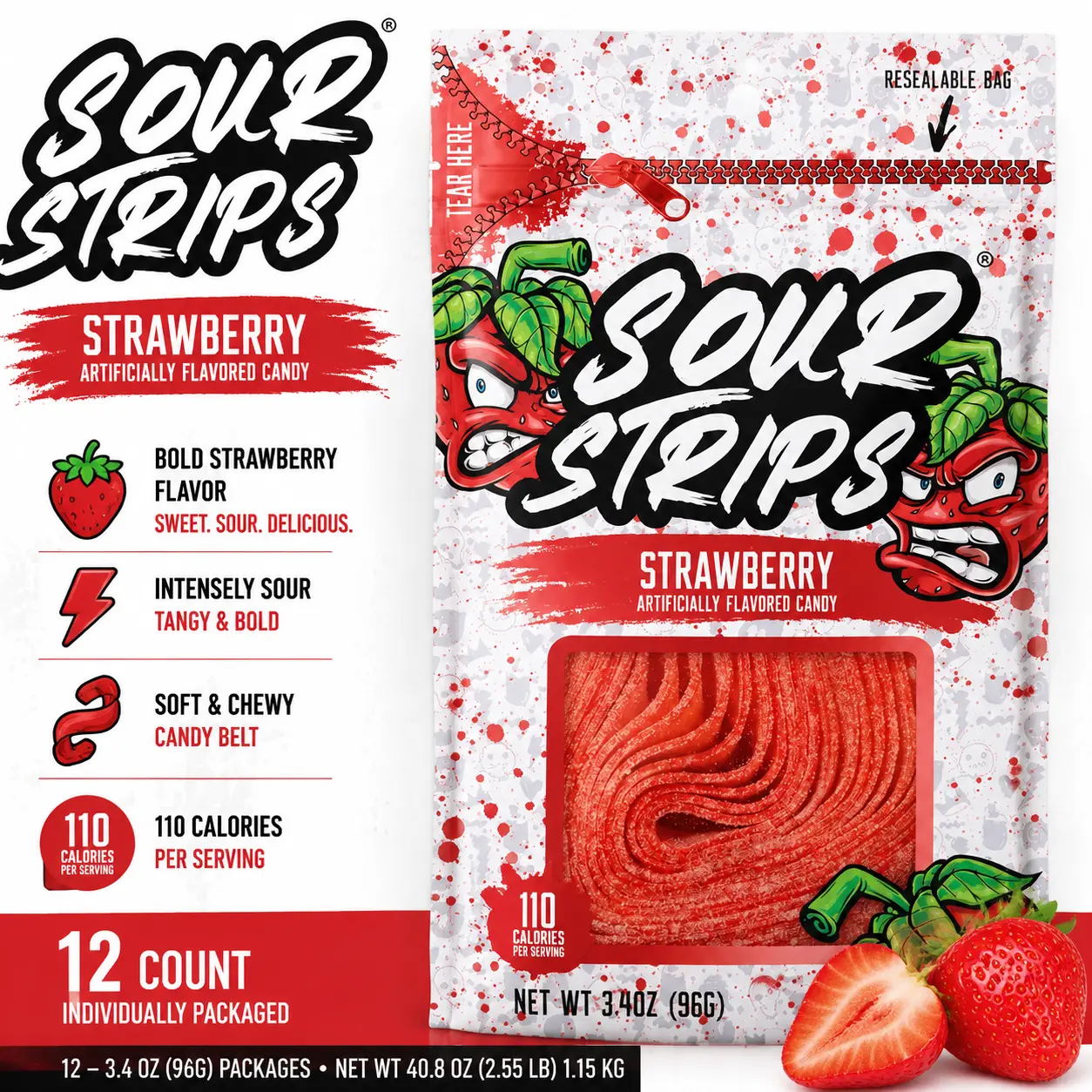 Sour Strips Strawberry Red Sour Candy Belt 3.4 oz 12 Count Peg Bags Sweet and Sour Candy