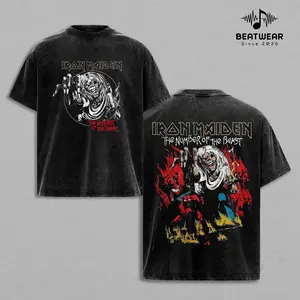 The Number of the Beast Iron Maiden Washed T-Shirt, Eddie the Head Heavy Metal Music Band Washed Tee, Rock Band Double Printed Washed Graphic T-Shirt, Gift For Metalhead Fan Crewneck Casual Cotton Fabric Menswear