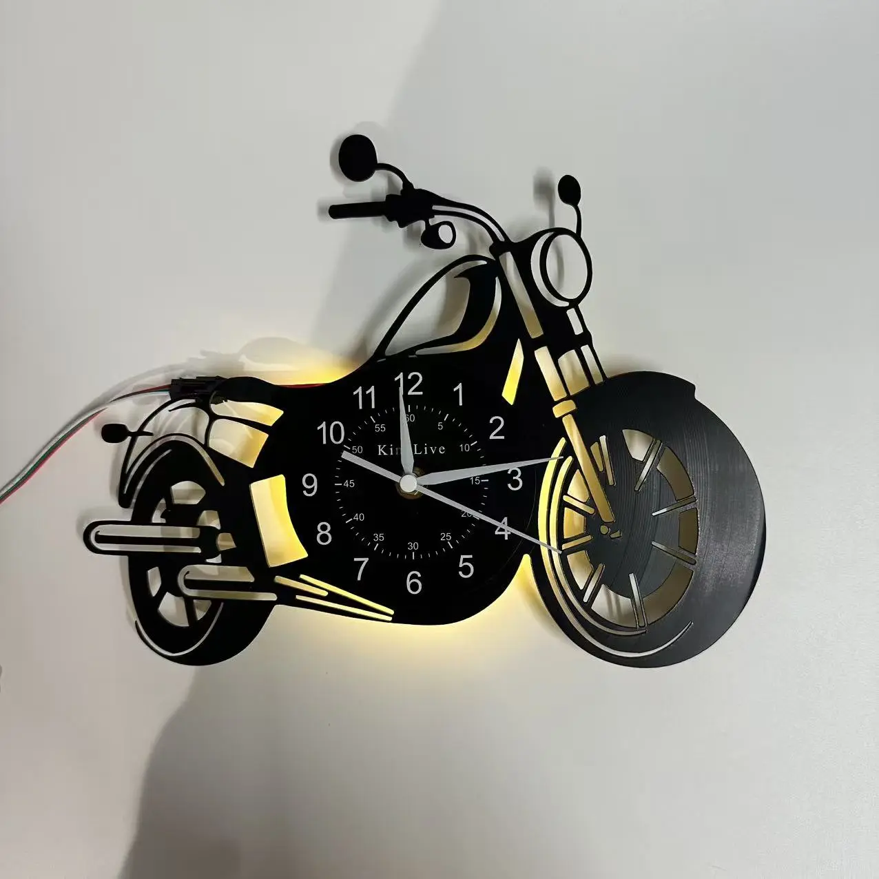 Vintage Motorcycle Vinyl Record Wall Clock, Silent Operation, Seven Color LED, Ideal for Bedroom Living Room Garage Office, Perfect Gift