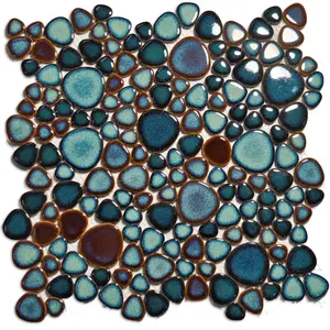 Ceramic Pebble Mosaic Tile 12" x 12" Sheet – Irregular Blue Green Porcelain for Backsplash, Shower Floor, Accent Wall, Bathroom, and Spa Decor