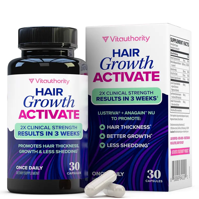 Vitauthority Hair Growth Activate Capsules - 30 Count, Clinically Studied Ingredients for Thicker Fuller Hair in 3 Weeks, Once Daily Formula