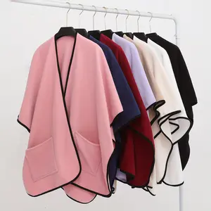 Double Sided Shake Fleece Cardigan Poncho Elegant Solid Color Pocket Shawl Autumn Winter Large Windproof Cape Blanket Shawl