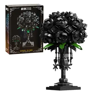 Ebon Rose Gothic Bouquet Building Kit (1069PCS) - All-Black Rose Sculpture with Green Accents & Chain Details, Dark Floral Block Set for Gothic Enthusiasts & Collectors, Ideal Gift & Elegant Home Decor for Teens Adults