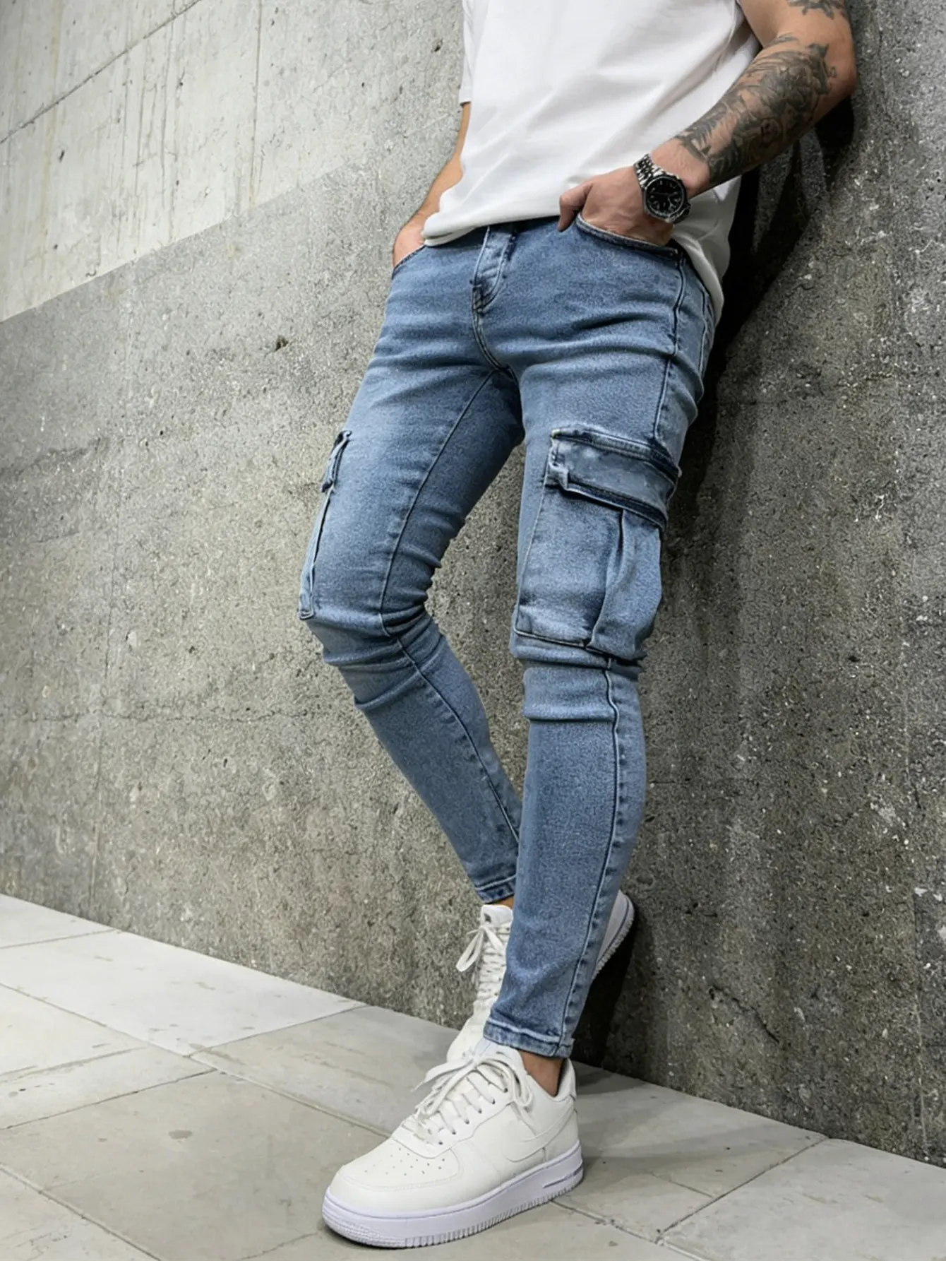SRETOUU New Men’s High Street Stylish Multiple Pockets Cargo Jeans Men Solid Color Stretch Skinny Denim Pants Streetwear Menswear Classic Utility