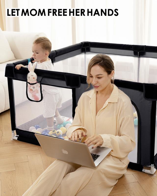 Dearlomum 50"x50"/71"x59" Extra Large Baby Playpen for Babies & Toddlers Safe Activity Center with Soft Play Fence Indoor Safety Yard Easy to Assemble Clean Nonremovable Waterproof Thick Mat  Black/Gray