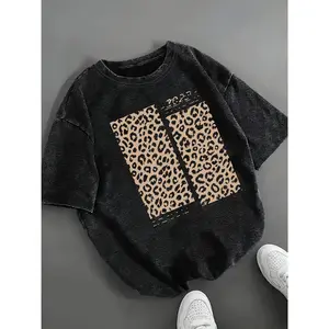 Menswear Polyester Knit Fabric Graphic T-Shirt - Golden Leopard Print Embellishment, Casual Crew Neck, Short Sleeve - Spring & Summer Everyday Wear