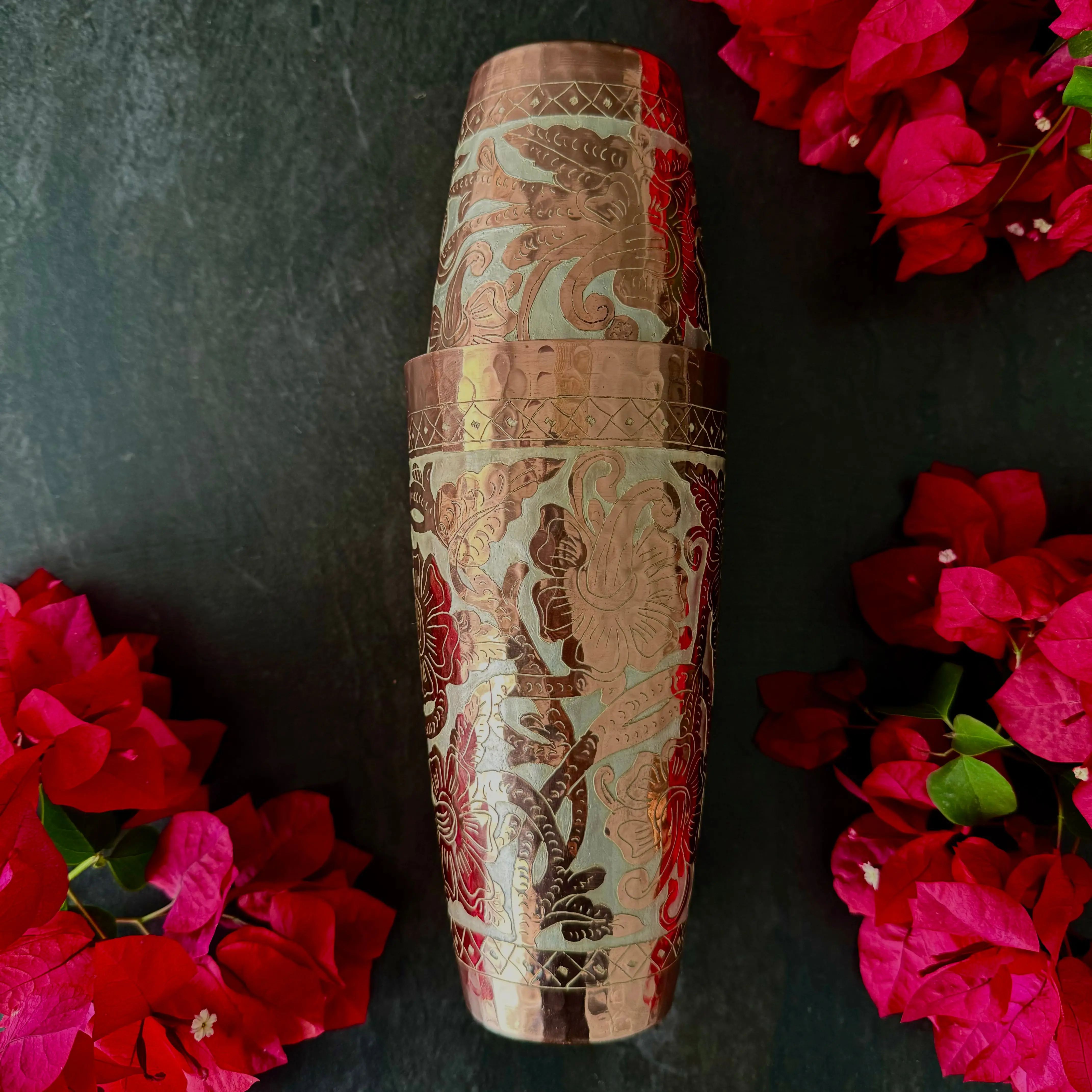 Mexican Handmade Copper Boston Shaker 24 oz. - Silver Flowers